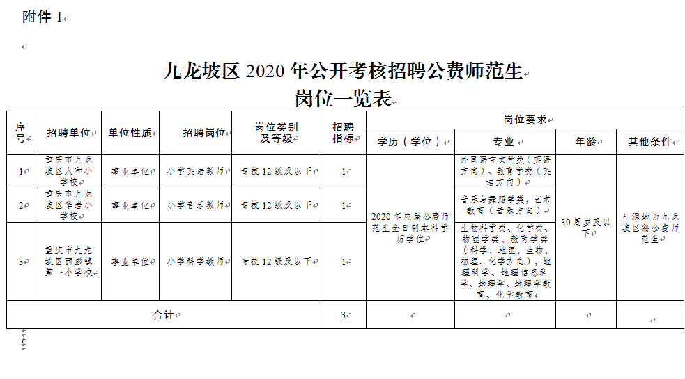 九龙坡区2020年公开考核招聘公费师范生岗位一览表
