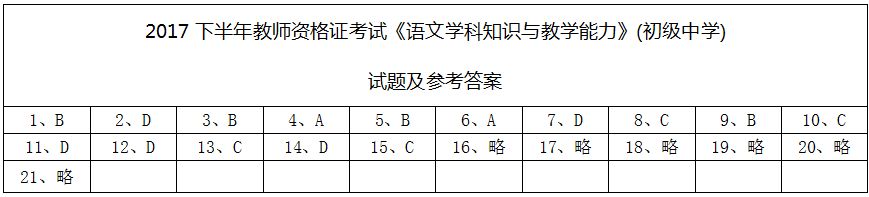 2017下半年教师资格证考试《语文学科知识与教学能力》(初级中学)试题及参考答案